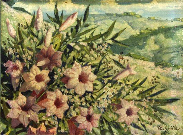 Pink Wildflowers On Rolling Hills Oil Painting by Hernando Gonzallo Villa