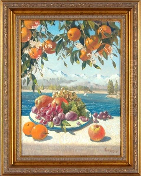 Orange Blossoms And Still Life With Lake Vista Oil Painting by Hernando Gonzallo Villa