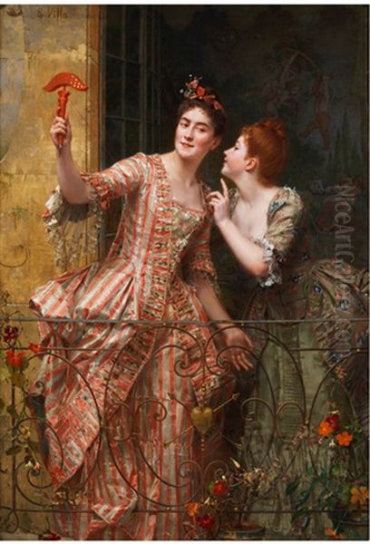 Zwei Junge Damen Mit Einem Zugkreisel Am Balkon Oil Painting by Louis Emile Villa