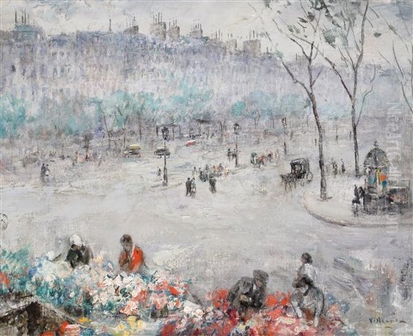 A Parisian Flower Market Oil Painting by Cesar A. Villacres