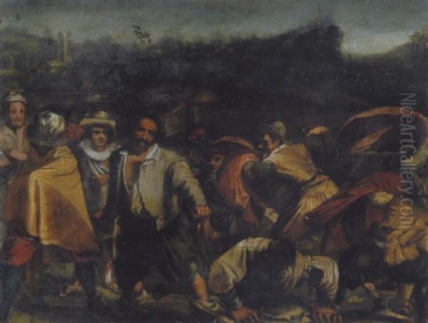 Schlagerei (ermordung Des Bildhauers Brutto Buono), Im Hintergrund Die Villa Mattei Zu Rom Oil Painting by Francisco Villamena