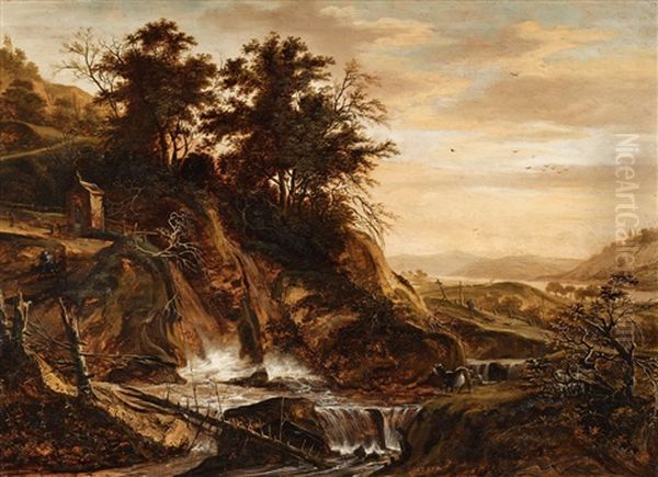 A Panoramic Landscape With A Waterfall Oil Painting by Jacob De Villeers