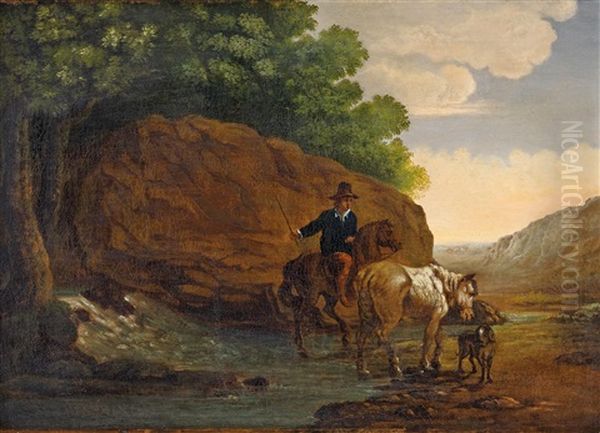 Reiter Mit Zwei Pferden Am Fluss Oil Painting by Jacob De Villeers