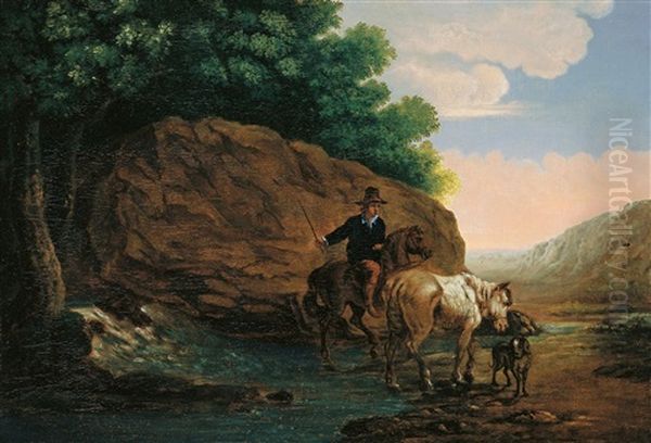 Flusslandschaft Mit Reiter, Pferd Und Hund Oil Painting by Jacob De Villeers