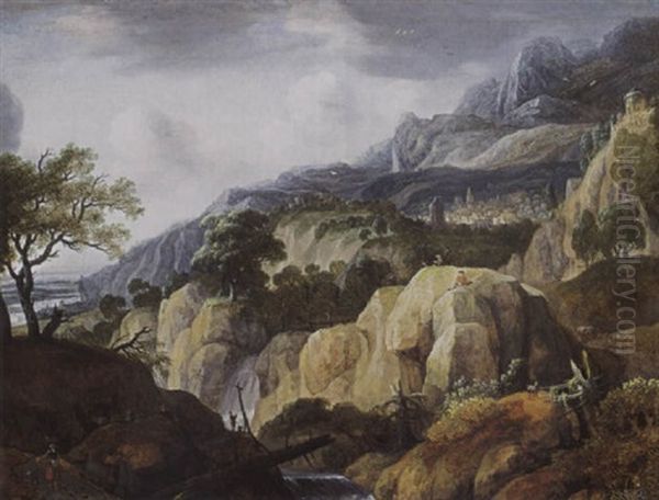 A Mountainous Landscape With Travellers On A Path Near A Waterfall And A Draughtsman On A Rock, A Town Beyond Oil Painting by Jacob De Villeers