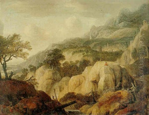 Mountainous Landscape With An Artist Sketching Oil Painting by Jacob De Villeers