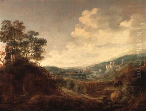 Weite Bewaldete Landschaft Mit Burg Und Dorf Oil Painting by Jacob De Villeers