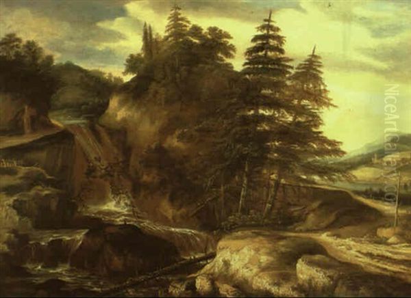 Wooded Landscape With Waterfall Cascading Into Rock Pools Oil Painting by Jacob De Villeers