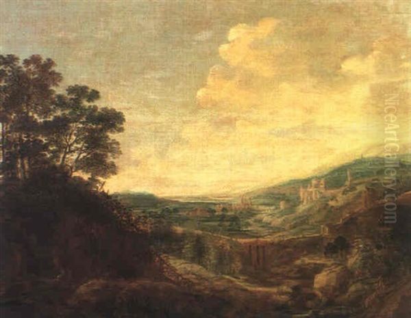 Huegellandschaft Mit Schloss Und Ruinenarchitektur Oil Painting by Jacob De Villeers