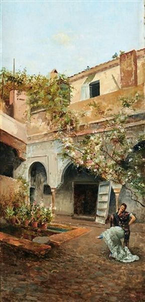 A Girl Seated In A Courtyard With Flowers Oil Painting by Jose Villegas y Cordero