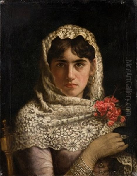 Retrato De Joven Con Mantilla Oil Painting by Jose Villegas y Cordero