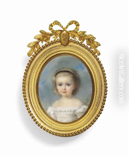 Marguerite De Janze (1863-1952), As A Young Girl, In White Off-the-shoulders Dress With Pink Sash, Fair Hair Dressed With A Black Hairband Oil Painting by Cecile Villeneuve