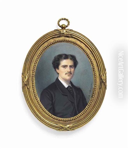 Vicomte Jean De Rouge, In Black Coat And White Shirt, Black Cravat With Gold Cravat Pin, His Dark Hair Parted In The Centre, With Small Dark Moustache Oil Painting by Cecile Villeneuve