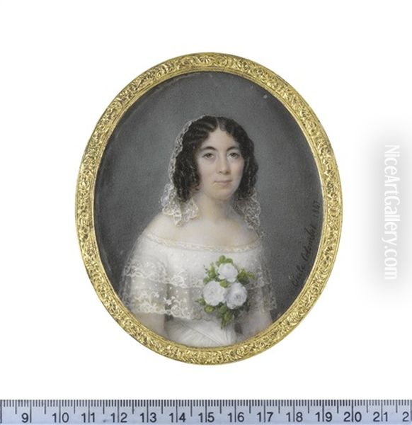 A Portrait Miniature Of A Lady On Her Wedding Day, Wearing White Decollete Dress With Two-tiered Lace Trim, Three White Roses To Her Corsage Oil Painting by Cecile Villeneuve