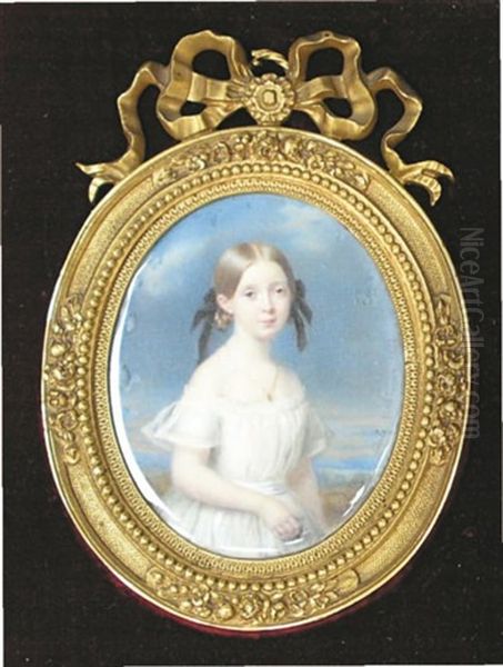 Portrait De Delie De Riviere, Vicomtesse De Mandat De Grancey, Sur Fond De Ciel Bleu Et De Paysage Oil Painting by Cecile Villeneuve