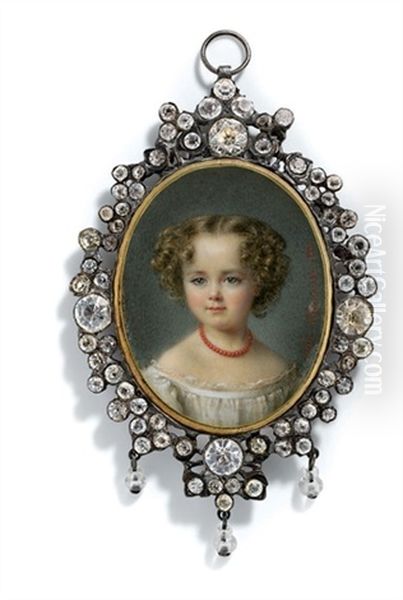 Emma Marie De Polignac, Aged Four, In White Off-the-shoulder Dress Oil Painting by Cecile Villeneuve