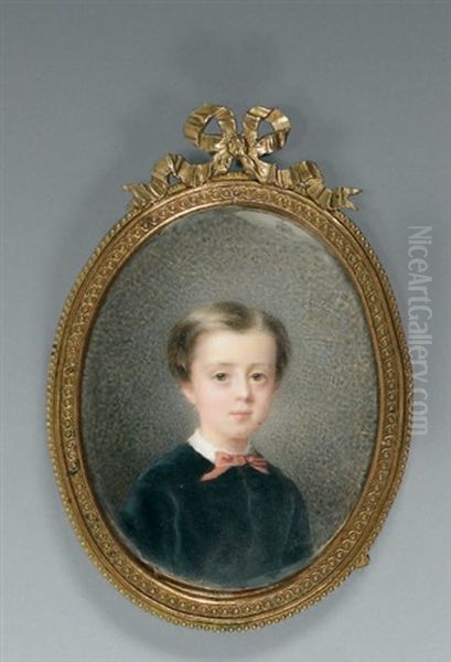 Portrait De Jeune Garcon A L'habit Gris Et Au Noeud Rouge Oil Painting by Cecile Villeneuve