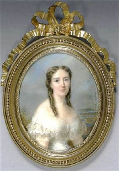 La Marquise De Gricours, Nee Adrienne De Tessaint, Vetue D'une Robe De Dentelle Blanche Decolletee, Coiffee D'anglaise, Elle Est Vue Sur Un Fond De Paysage Lacustre Oil Painting by Cecile Villeneuve