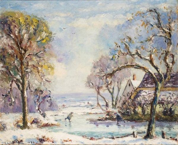 Paysage De Neige. Patinage Oil Painting by Emmanuel Victor Auguste Marie De La Villeon