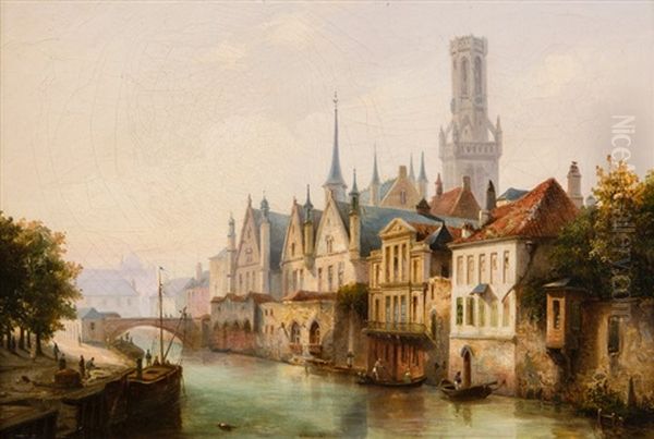 Canal A Bruges Oil Painting by Francois Etienne Villeret