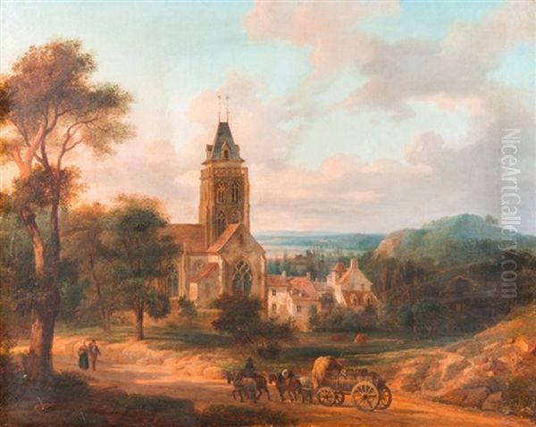 Entree De Village Anime Devant Une Eglise Gothique Oil Painting by Francois Etienne Villeret