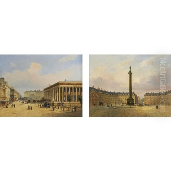 Place Vendome And La Bourse (pair) Oil Painting by Francois Etienne Villeret