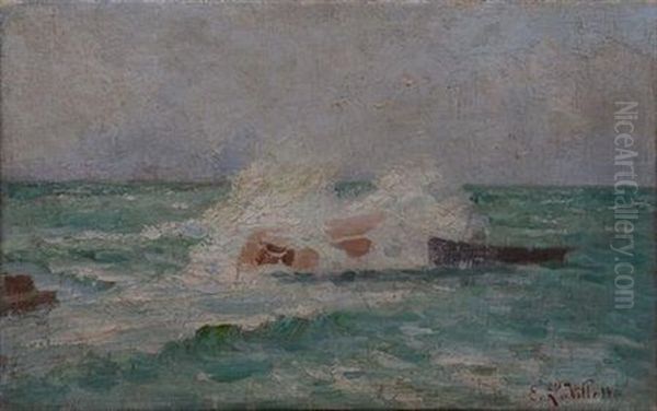 Effets De Vagues, Barque Et Rocher Oil Painting by Elodie La Villette