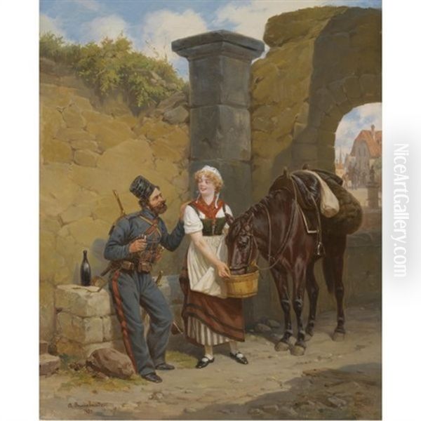 A Cossack And A Townsgirl Oil Painting by Alexander Bogdanovich Villevalde