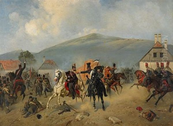 Cavalry Skirmish In The Village Oil Painting by Alexander Bogdanovich Villevalde