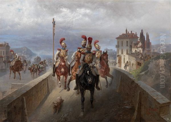 Retreat Of The Napoloeonic Troops Oil Painting by Bogdan (Gotfrid) Pavlovich Villevalde