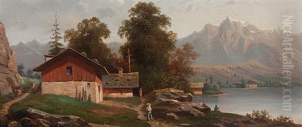 Gebirgslandschaft Mit See, Bauernhaus Und Figurenstaffage Oil Painting by Leon Villevielle