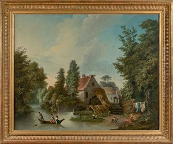 Moulin A Eau Avec Barque Et Personnages Scene Champetre Oil Painting by Jean Francois Marie Villiers-Huet