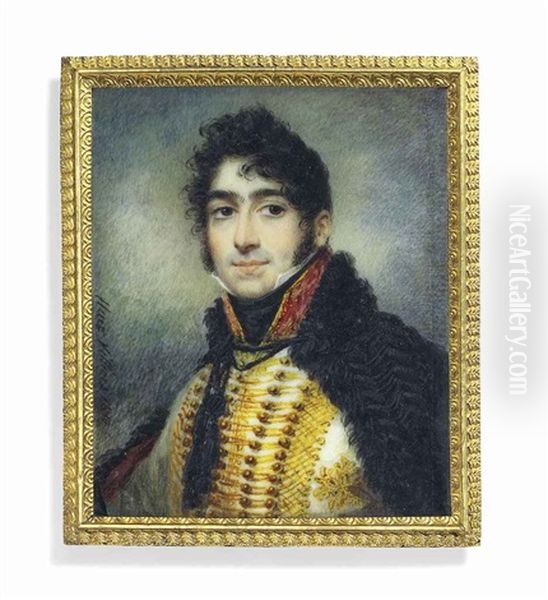 A Young Officer, In Gold-braided White Uniform With Red Collar, Black Stock, Black Cloak Draped Over His Shoulders And Tied At Front, Dark Curling Hair And Sideburns Oil Painting by Jean Francois Marie Villiers-Huet