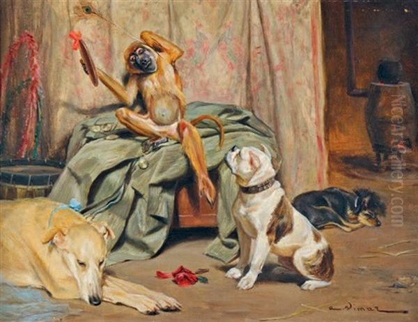 Singe Jouant Les Coquettes Devant Trois Chiens Oil Painting by Auguste Vimar