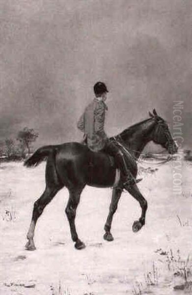 Chasseur A Cheval Par Temps De Neige Oil Painting by Auguste Vimar