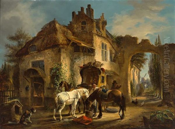 Postkutsche Und Pferde Vor Malerischer Alter Schmiede Oil Painting by Paul Van Der Vin