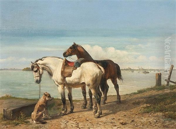 View Of The River Scheldt With Two Saddled Horses And A Dog At The Crossing With A City In The Distance Oil Painting by Paul Van Der Vin