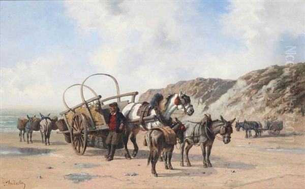 Beach View With Fisherman, Donkeys, Horses And Cart Oil Painting by Paul Van Der Vin