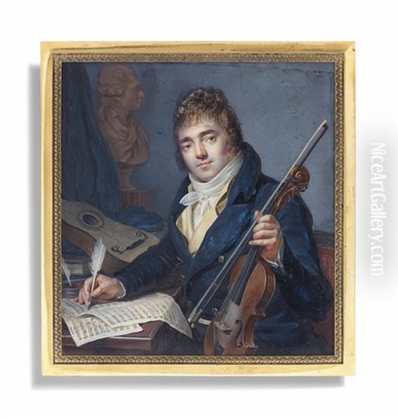 A Young Musician, Seated At A Table With A Violin And Bow In His Left Hand, A Quill In His Right Hand, Writing A Musical Score At A Table Set With An Ink Box And Guitar Oil Painting by Antoine Paul Vincent