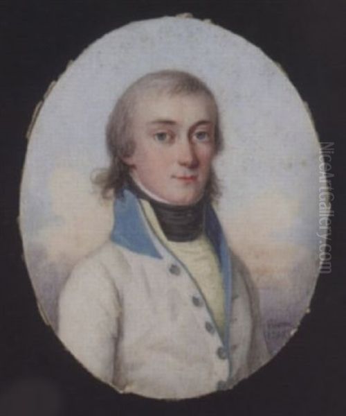 A Gentleman Wearing White Coat With Pale Blue Lining And Collar, Yellow Waistcoat And Black Stock, Sky Background Oil Painting by Antoine Paul Vincent