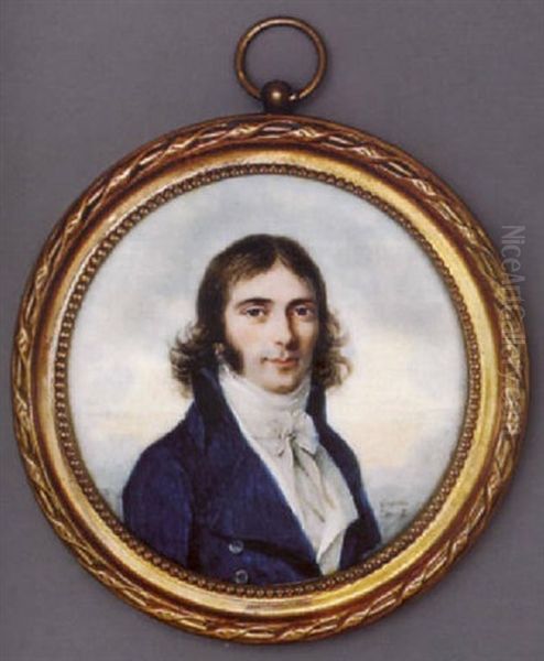 A Young Gentleman In Blue Coat With Silver Buttons, White Waistcoat And Tied Cravat, Gold Hoop Earring And Long Curling Brown Hair Oil Painting by Antoine Paul Vincent