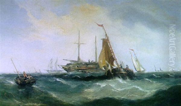 Fishing Boats And Other Vessels On A Choppy Sea Oil Painting by Charles Vincent