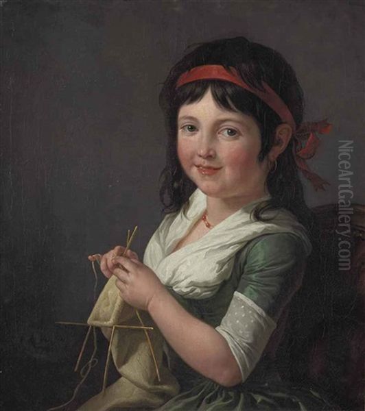 A Young Girl Knitting Oil Painting by Francois Andre Vincent