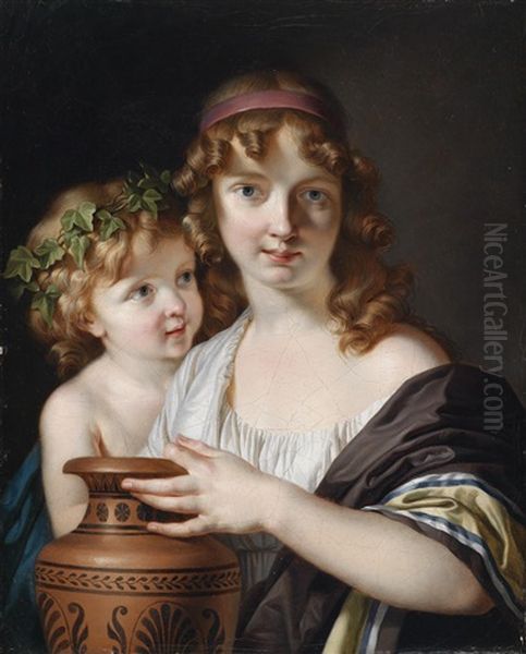 Antikisierende Szene - Eine Junge Frau Neben Einem Lorbeerbekranzten Knaben Eine Griechische Enghalsvase Haltend Oil Painting by Francois Andre Vincent