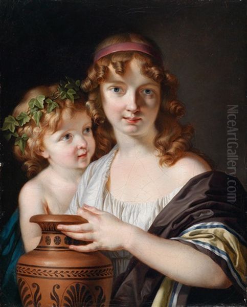 Eine Junge Frau Neben Einem Lorbeerbekranzten Knaben Eine Griechische Enghalsvase Haltend Oil Painting by Francois Andre Vincent