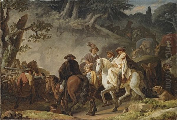 Bandits On A Rocky Pathway With A Woman Being Abducted Oil Painting by Francois Andre Vincent