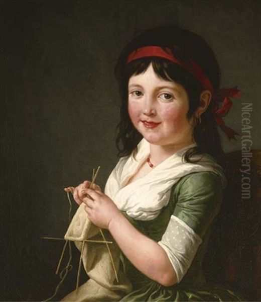 A Young Girl Knitting Oil Painting by Francois Andre Vincent