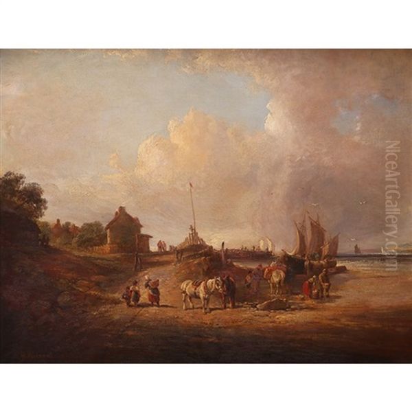 Fisherfolk Unloading Their Catch And Pack Horses Waiting Oil Painting by George Vincent