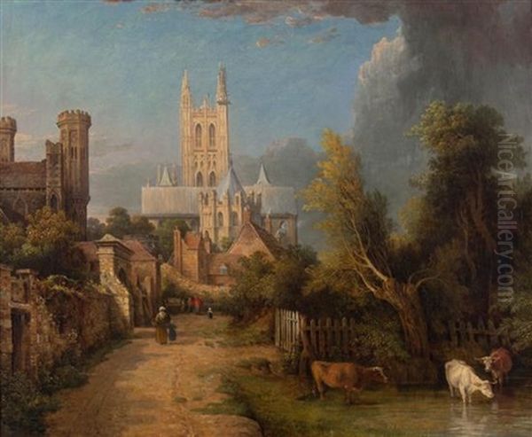 Street Scene With Canterbury Cathedral In Background by George Vincent