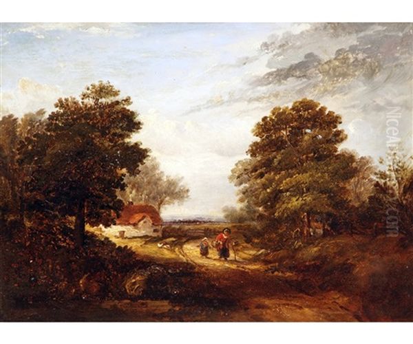 Figures In A Wooded Lane With Cottage In Distance Oil Painting by George Vincent